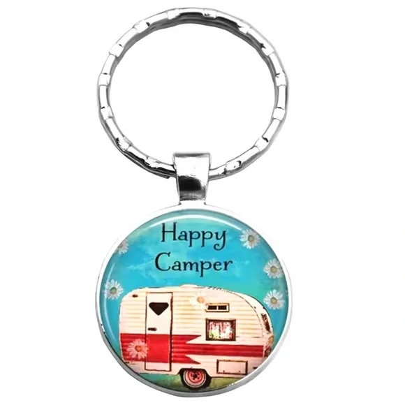 Happy Camper Keyring Fob Round Pendant Keepsake Gift Charm and Black Gift Pouch - Picture 7 of 16